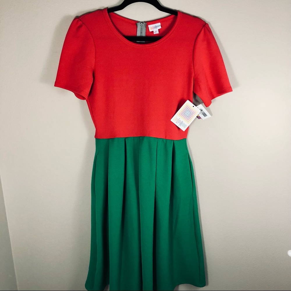 NWT Lularoe red and green Fruit Punch Amelia dress w pockets women’s size Medium